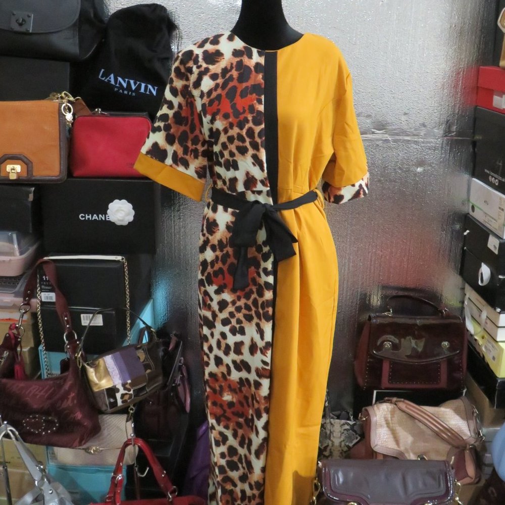 Boho Kaftan Belted Animal Print & Mustard Maxi Dress size 46 or US 10 NWOT